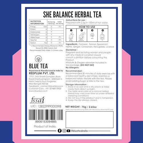 Image of BLUE TEA - She Balance Tea - 30 Tea Bags - Plant Based | PCOS & PCOD RELIEF | Helps in Balancing Hormones - Reduces Facial Hair | Caffeine Free - Herbal Tea | Ziplock Pack