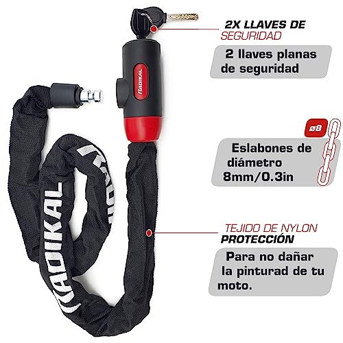 RADIKAL RKX170 Candado Bicicleta Antirrobo, Cadena 170cm de ø8mm Acero Cementado y Cerradura con Llave Alta Seguridad, Más Extensa, Antirayones, Antirobo Polivalente para Bici, Moto, Scooter Patinete - imagen 6