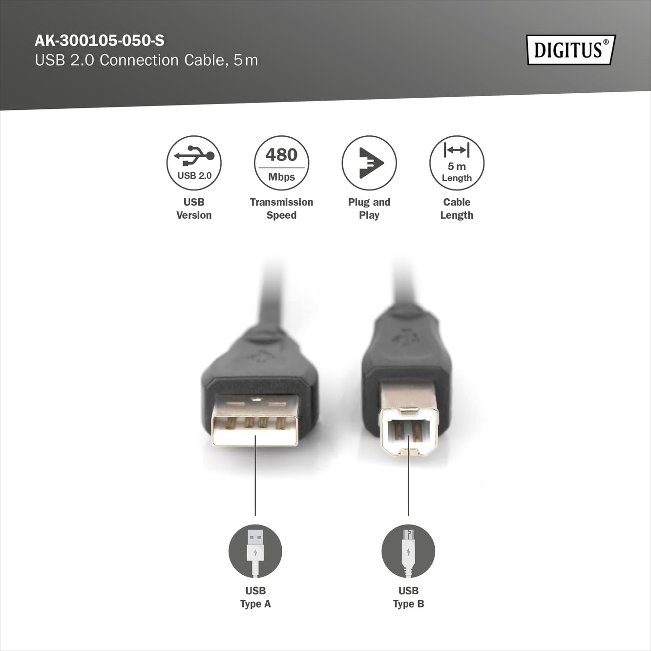 Digitus USB 2.0 Cable - 1 m - USB-A to Type A - 480 Mbps - for Computers, notebooks, hubs - Black