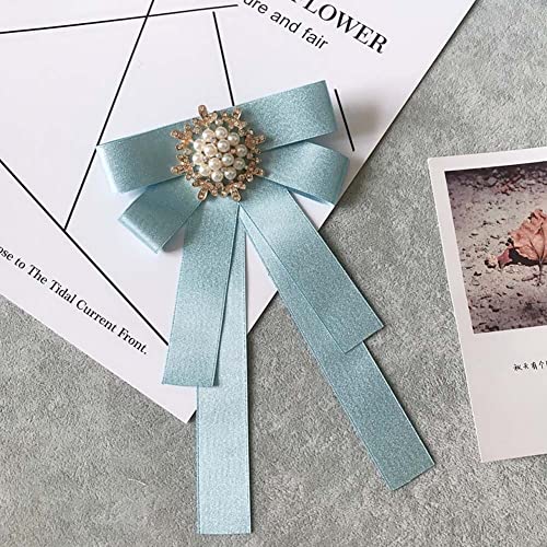 Image of Women Elegant Pearl Ribbon Bow tie Brooches Pin Jewelry Pre-Tied Collar Neck Tie Clip for Lady Girls Wedding Party