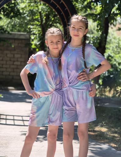 Image of Arshiner Girls Summer 2 Piece Outfits Tie Dye Short Sets Casual Twist Front Short Sleeve Tops and Pant with Pockets