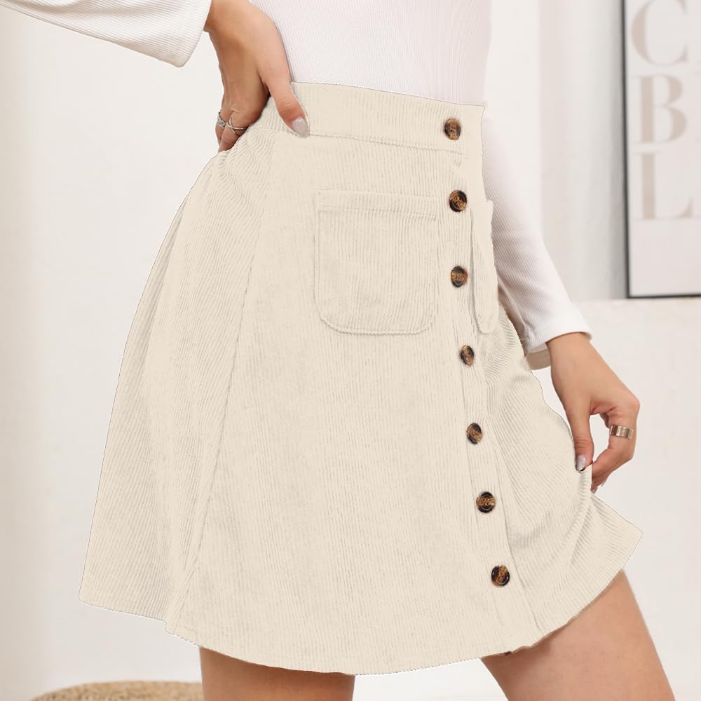 Women's Button Down Corduroy Skirts High Waist A-line Pleated Short Mini Skirt with Pockets - Image 3