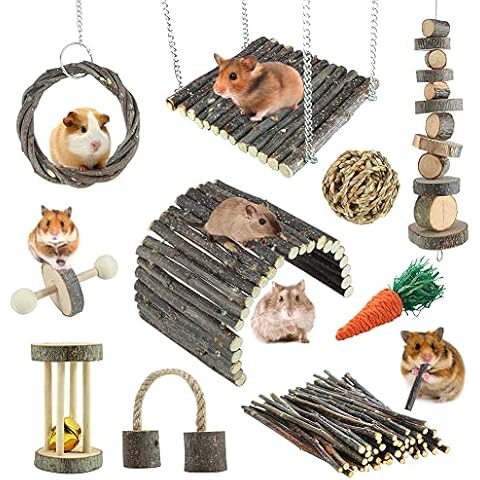 Hamster Toys Rat Toys Chinchilla Toys Hamster Chew Toys Cage Accessories Apple Wood Sticks Ladder Bell Roller for Gerbil Guinea Pigs and Other Small Animal Cover
