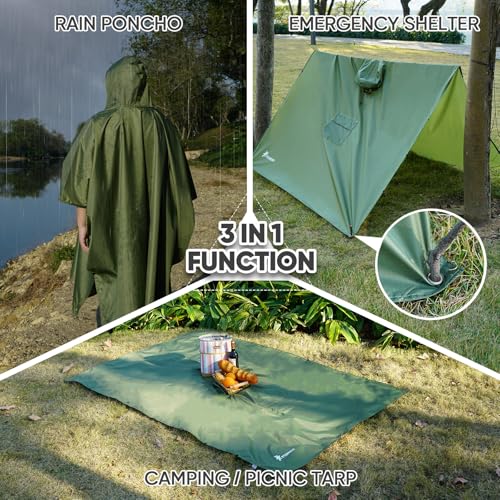 Image of PTEROMY Hooded Rain Poncho for Adult, Waterproof Lightweight Unisex Raincoat for Hiking Camping Emergency