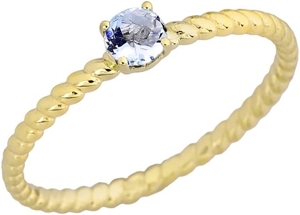 Dainty 10k Yellow Gold Stackable Aquamarine Solitaire Rope Engagement/Promise Ring