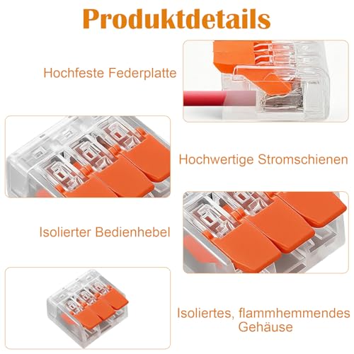 RDTOK 40 Stück Kabelverbinder 3 Polig, Lüsterklemmen Steckbar, Kabelklemmen Elektro (0,14-4 mm²), Verbindungsklemmen mit Betätigungshebel, 32A 450V, für Elektroinstallation & Hausverkabelung