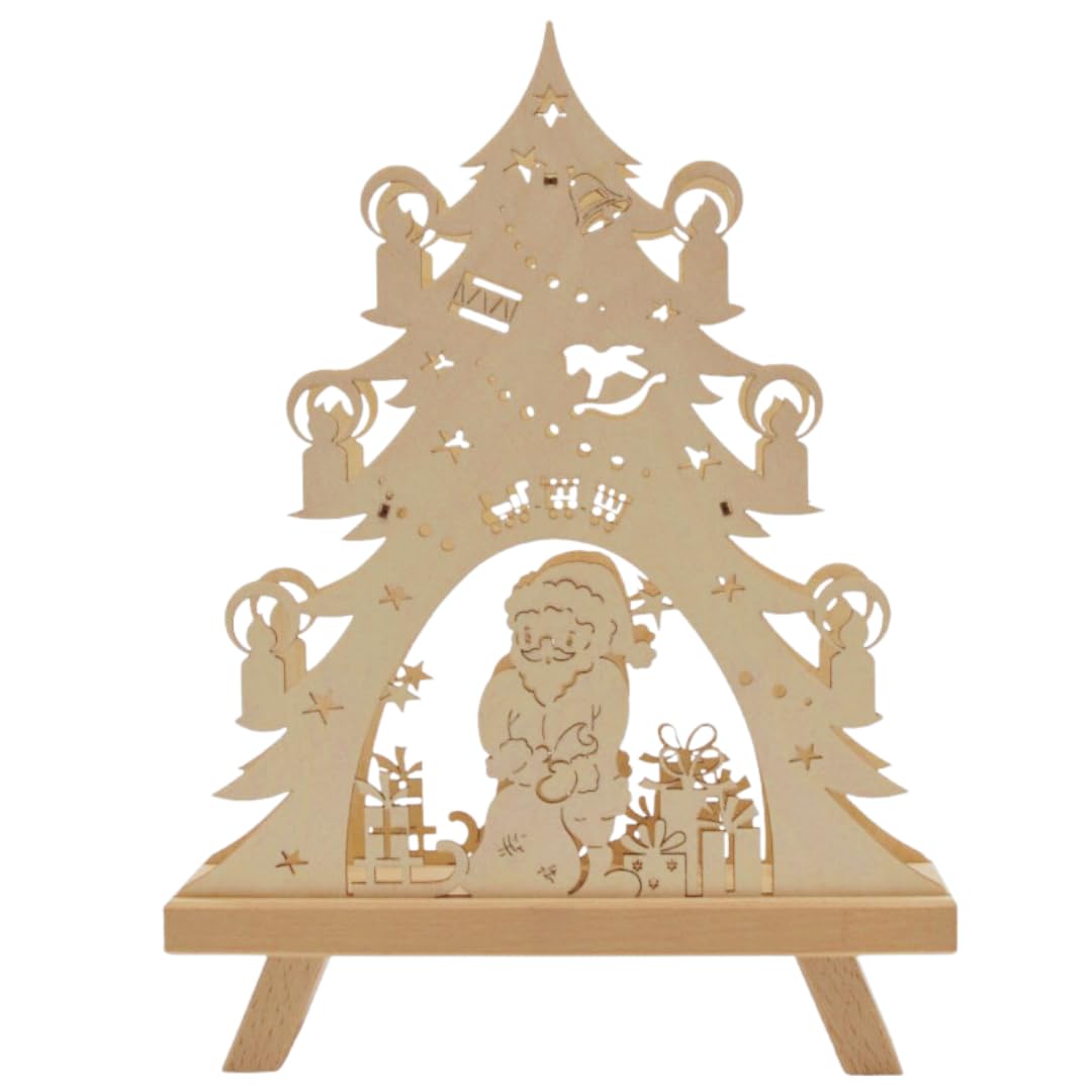 Standleuchte 3D – Weihnachtsdeko – Bescherung | 36 x 27 x 5 – Holz-Deko für Weihnachten – Fensterbeleuchtung – Original Erzgebirge – leuchtende Fensterdekoration