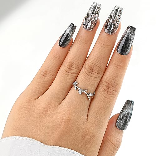 Sethexy Punk Long Coffin False Nails Handmade Rhinestone Cat Eye Gradient Fake Nails 3D Crystal Glossy Acrylic Black Press On Nails Salon Quality Nail for Women and Girls(O) - Image 3