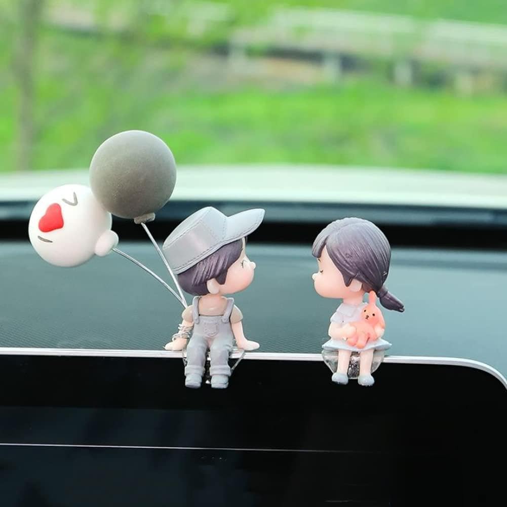 Cute Couple Doll Ornaments, Small Cartoon Car Dashboard Figure Decorations, Lovely Kiss Couples Figurines Balloon Ornaments Gifts for Wedding, Valentine's Day, Birthday, Home Office Decor (Gray)