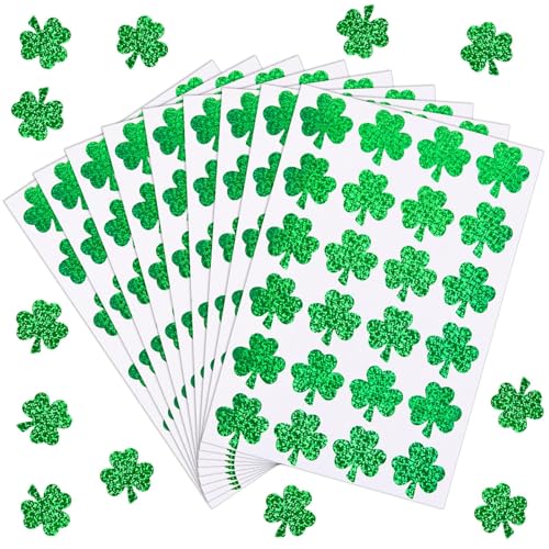 FOBSME 960 Pcs St. Patrick's Day Stickers Glitter Green Shamrock Stickers 1.5 Inch St. Patrick's Day Holographic Sticker Self-Adhesive Lucky Clover Seal Labels for Irish Holiday Cards Envelope Decal