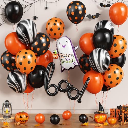 Image of Halloween Black Orange Balloons BOO Ghost Pumpkin Foil Balloons Party Decor | Orange Black Polka Dot Balloon for Happy Halloween Spooky Birthday Trick or Treat Haunted House Horror Night Party Decoration