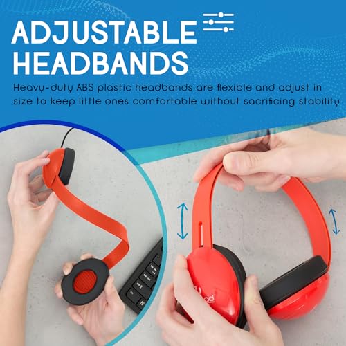 Image of Egghead Heavy-Duty Kids' Headphones with Padded Ear Cups and 6' Cord, Adjustable Tangle-Free Plastic Classroom Headphones for Kids, Pack of 10, Red
