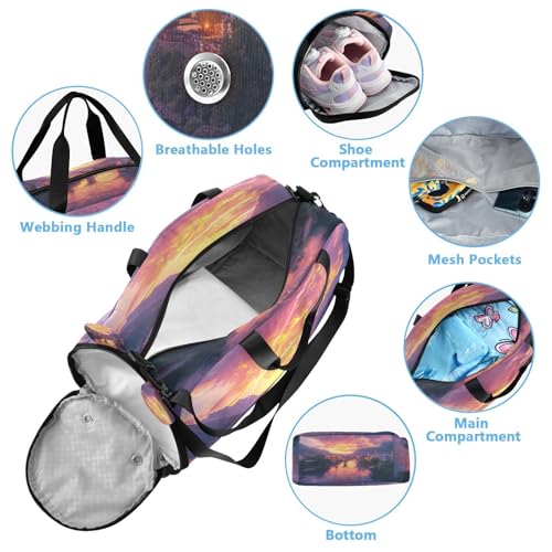 YETTASBIN Sport Travel Duffel Bag for Girls Boys, Beautiful Scenery Large Waterproof Weekender Overnight Bag, Detachable Shoulder Strap Gym Bag with Shoe Compartment & Wet Pocket4