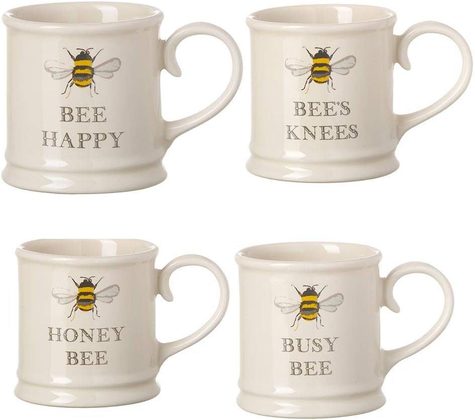 Set of 4 Cream Espresso Mugs Honey BEE, BEE'S Knees, Busy BEE, BEE Happy