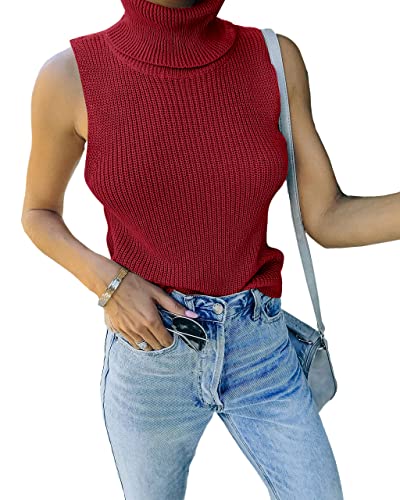 Image of Womens Sleeveless Sweater Vest Turtleneck Ribbed Knit Tank Tops Basic Slim Fit Top