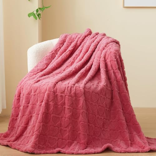 NEWCOSPLAY Super Soft Twin Blanket Coral Pink Love Premium Silky Flannel Fleece 3D Heart Checkered Lightweight Bed Blanket All Season Use (Coral Pink Love, Twin(60"x80"))