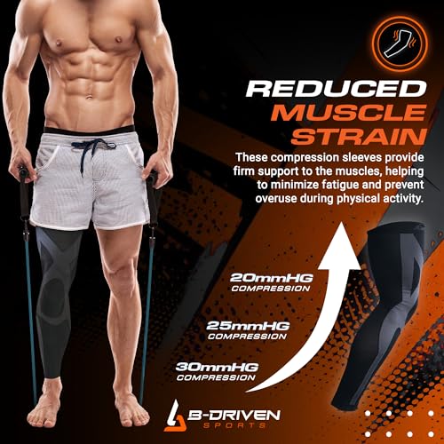 B-Driven Sports Full Leg Compression Sleeves, Graduated Compression 20-30mmHg, Thigh to Ankle, Medical Grade, Calf, Knee, Varicose Veins, Running, Sports, Men & Women - 1 Pair3