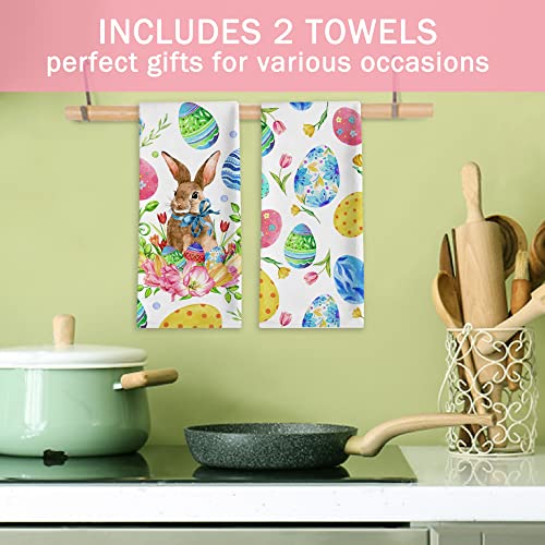 Easter Kitchen Towels Set Of 2, Easter Kitchen Decor With Rabbit Bunny Flower Easter Egg, Decorative Dish Towel Dishcloths Multi-Use Tea Towel, Reusable Drying Hand Towel 18X28” Home Bathroom Decor #TOP4