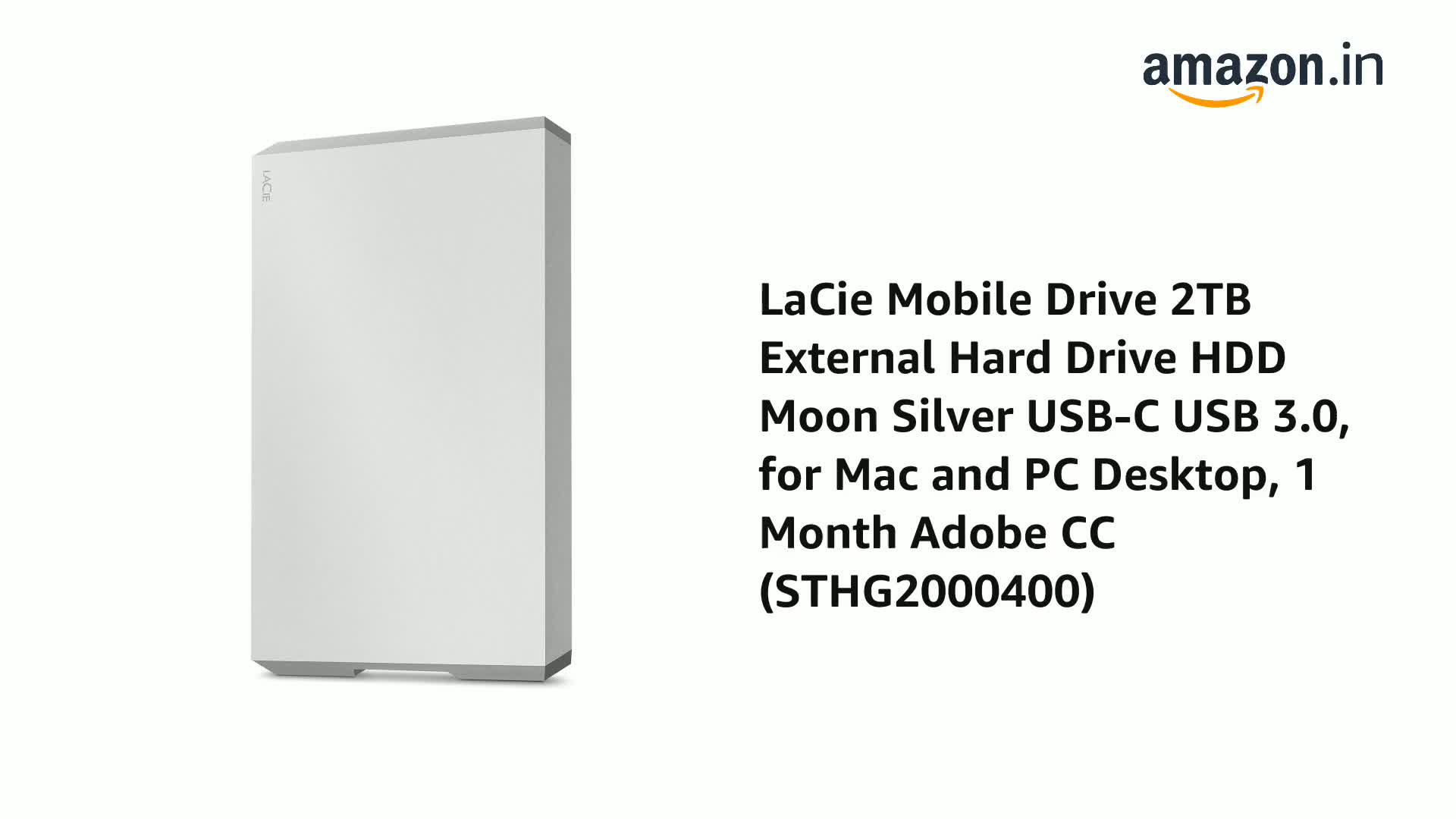LaCie Mobile Drive 2TB External Hard Drive HDD – Moon Silver USB-C