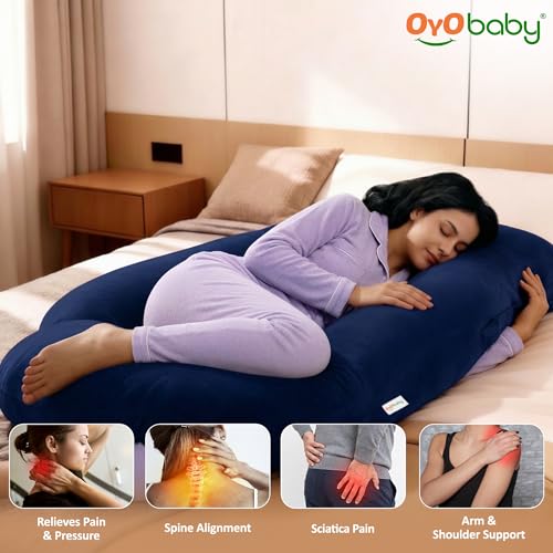 Image of OYO BABY Pregnancy Pillows for Women J-Shape Full Body Pillow | 360 Maternity Support for Back, Hips, Legs & Belly | Maternity Pillow | Removable Washable Velvet Cover (Royal Blue)