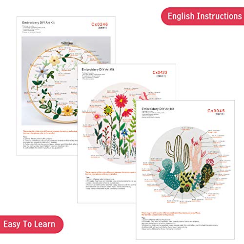 3 Pack Embroidery Kit for Beginners, Embroidery Starter Kit Cross Stitch Kits Beginner with Embroidery Patterns, Embroidery Hoops and Color Threads, Tools Kit