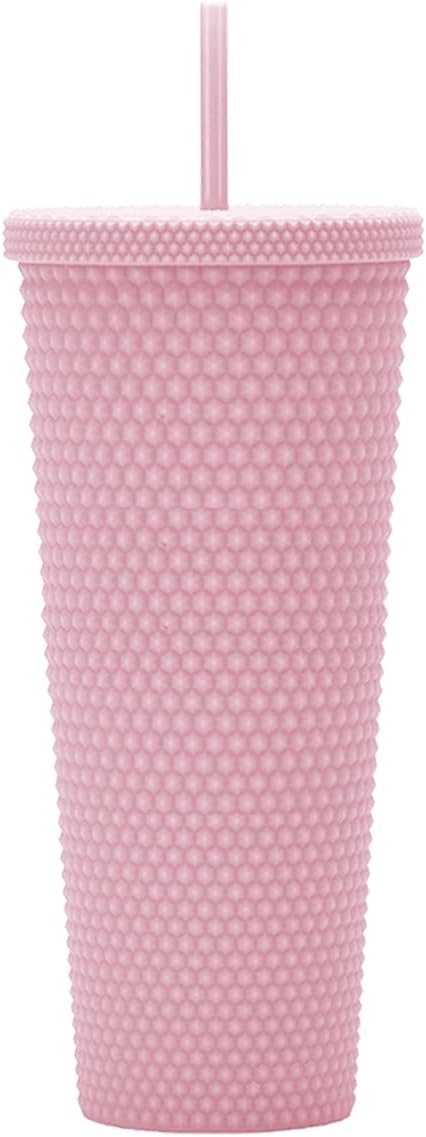 24oz Fully Studded Tumbler.Matte Light Pink Studded Tumbler with Lid and Straw.Reusable Double Walled Insulated Travel Tumbler.Plastic Acrylic Pastel Colored Tumbler Cup for Iced Coffee Smoothie.
