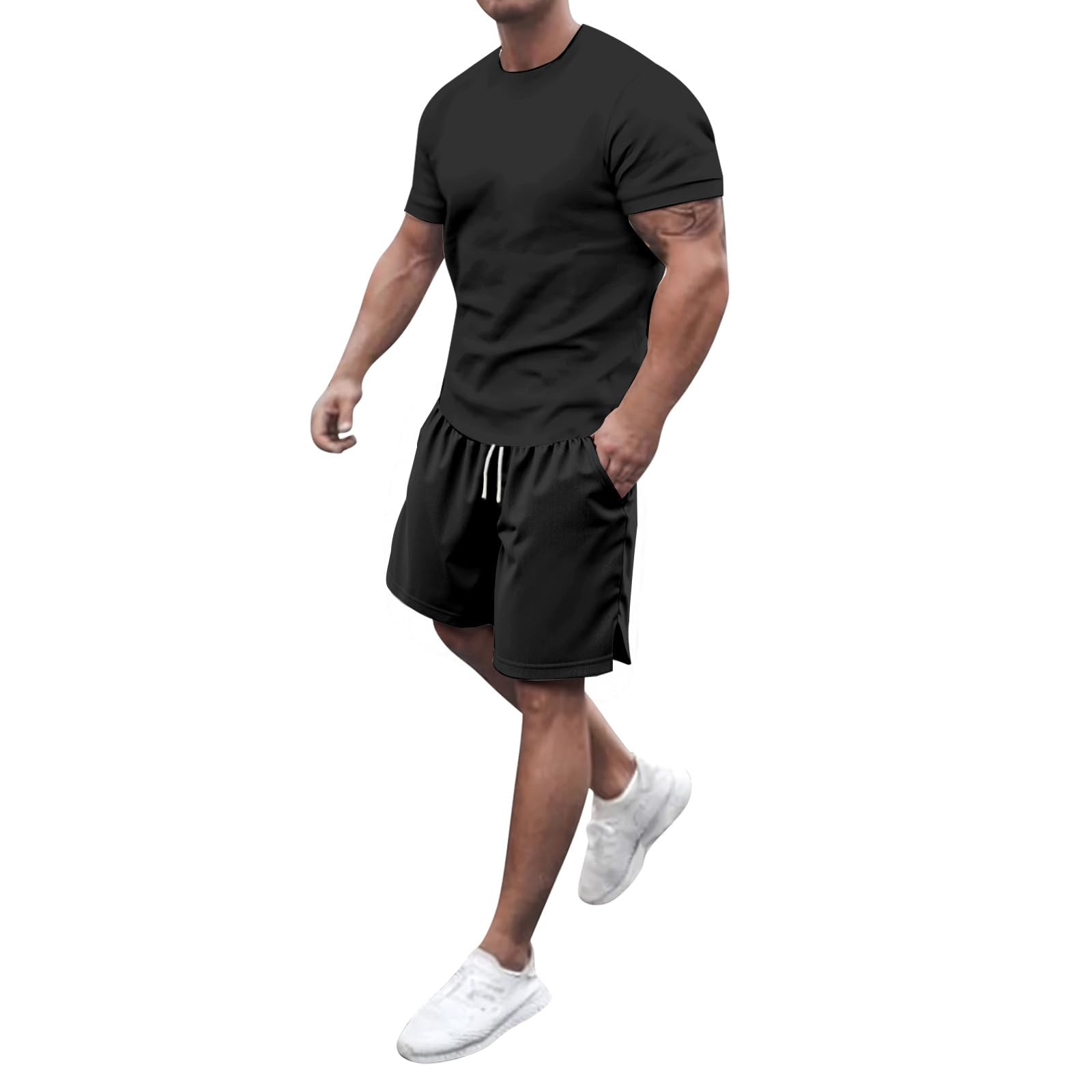 Ensemble Survêtement Homme 2 Pièces Tee Col Rond Manches Courtes Short à Cordon Tissu Respirant Décontracté Été Sport Loisir Dix Couleurs Polyvalent Quotidien