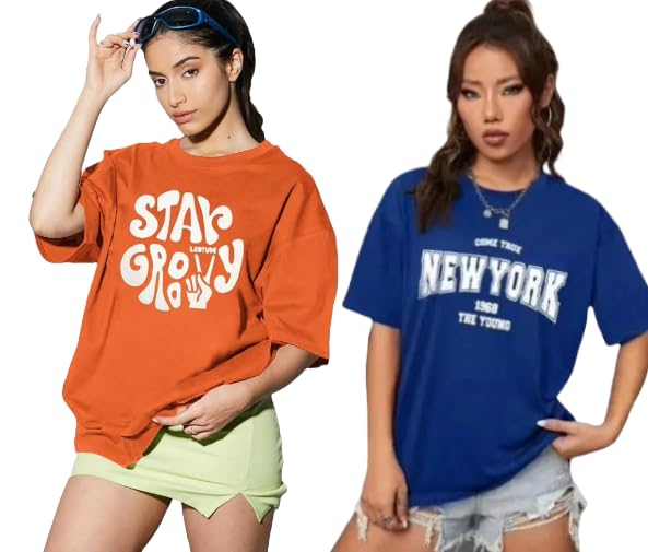 Image of DIAZ Women's Cottonblend Half Sleeve Oversized Drop Shoulder T-Shirt-Pack of 2