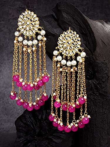 Image of Karatcart Kundan Tassel Earrings for Women (Pink and Green Beads)