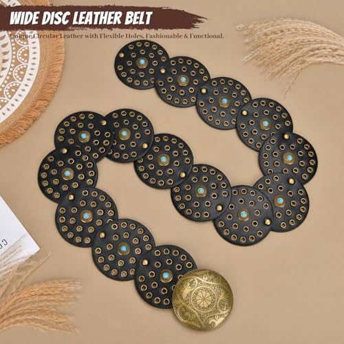 Western Leather Belts for Woman Boho Cowgirl Wide Disc Belt for Women Concho Cowboy Waist Belts for Dress (Black-bronze Buckle, 41'' (fits waist size up to 37''))2