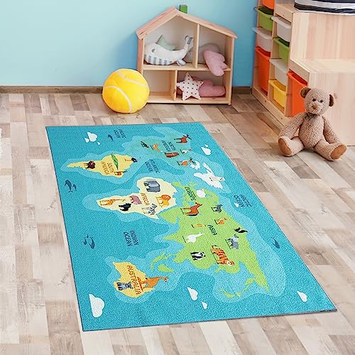 CARPETIA Läufer Vorleger Lernteppich für Kinder „Tiere & Kontinente spielend Lernen“ Weltkarte...