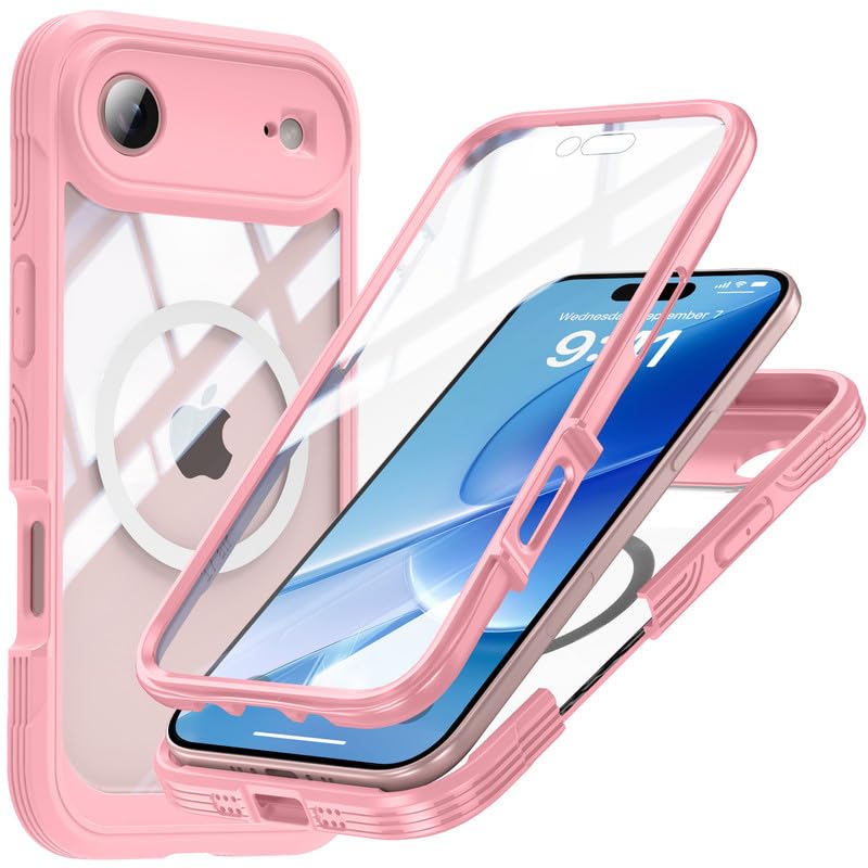 Image of LuxuryKase Shockproof Front & Back Cover for iPhone Air with Full Body Protection | Strong Grip | Camera & Screen Guard | Wireless Charging Support | Durable TPU+PC Design - Pink