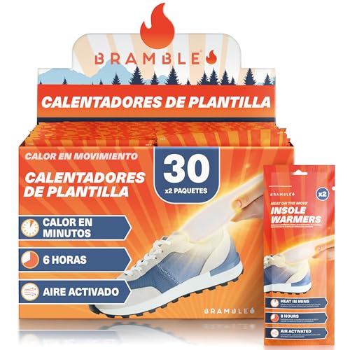 Bramble - Plantillas calentadoras para pies (30 Pares, 60 en Total) - Plantillas calentadoras para Zapatos y Botas - Activadas por Aire y sin Olor - hasta 10 Horas de Calor