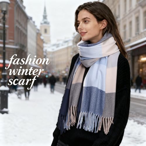 Riiqiichy Sciarpa Donna Invernale Pashmina Scialle Caldo Regalo Donna Natale Compleanno Utile Sciarpe Blu Quadri - 2