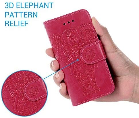 Compatible with iPhone 8 Plus Case, iPhone 7 Plus Wallet Case Embossed Love PU Leather Case TPU Shock Bumper Magnetic Detachable Card Slots Hand Strap Cover (Elephant-Hot Pink)