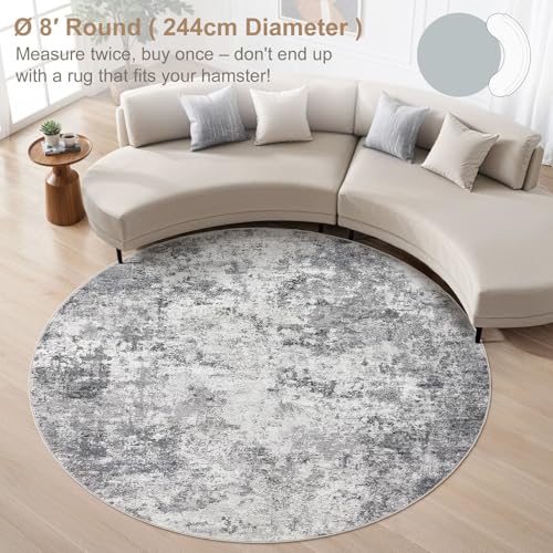 8ft Round Area Rug Living Room Rugs - 8x8 Washable Neutral Modern Abstract Soft Thin Rug Indoor Floor No Slip Rug Carpet for Bedroom Under Dining Table Home Office Decor - Grey