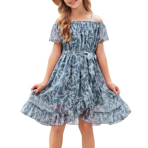 Vestidos para Niñas,Vestido de Chiffon con Flores Sin Mangas,Vestido de Verano con Correa Ajustable,Ocio con Manga Vorta con Volantes para Niñas de 6 a 14 Años