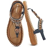 Aomigoct Sandals Women Flat Shoes: Dressy Summer Bohemian Flats Shoes for Women Sandals Comfortable Ankle Strap Outdoor Walking
