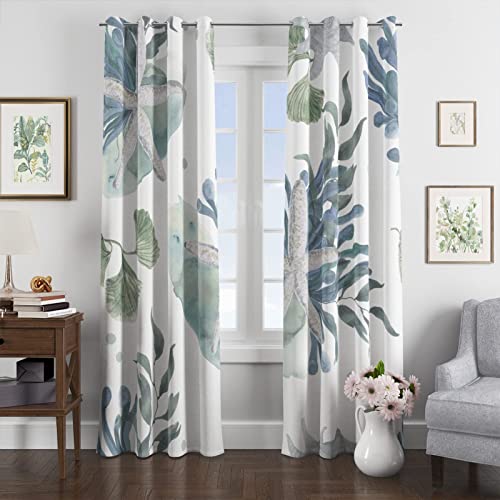 Nautical Coastal Window Curtain Beach Ocean Themed 50% Light Blocking Curtains Starfish Seaweed Room Darkening Curtains Grommet Window Drapes For Bedroom Living Room, 2 Panels, 52" X 84" #TOP1