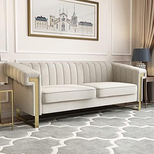 ANTTYBALE 83'' Velvet Couch Sofa Mid-Century Modern Love Seat Chesterfield 3 Seat Couches Sofa for Living Room Apartment (P81-Cracker Khaki)