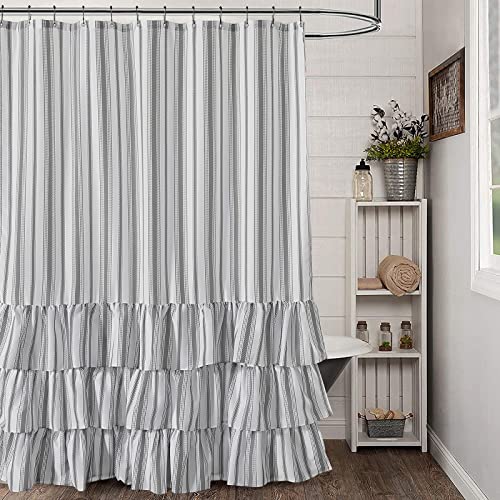 Estmy Shabby Chic Ruffle Fabric Shower Curtain Set With 12 Stainless Steel Hooks, Farmhouse Ticking Stripe Printed Shower Curtain French Country Boho Aesthetic Cottagecore Bathroom Decor, 72X72 #TOP1