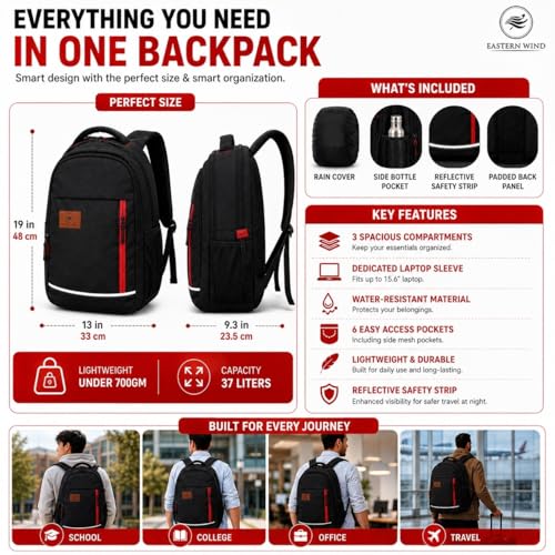 Image of EASTERN WIND 37L 19 inch School Bag Backpack, 3 Compartments, Raincover, Organiser, Laptop Sleeve, Safety Strip. School Bag for Boys & Girls 12+ Years, College Bag, Office Bag, Travel Bag