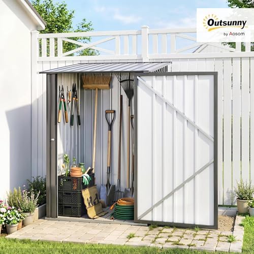 Outsunny 3' x 3' Lean-to Outdoor Storage Shed, Waterproof Garden Shed Galvanized Steel with Lockable Door for Patio, Backyard, Lawn, Dark Grey - 1