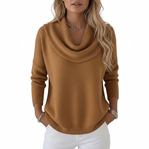 Womens Casual Cowl Neck Sparkly Sequins Knit Sweaters Fall Winter Loose Long Sleeve Ruched Tunic Pullover Jumper Tops