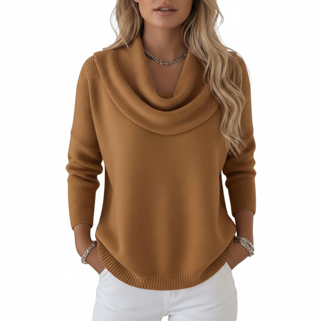 Womens Casual Cowl Neck Sparkly Sequins Knit Sweaters Fall Winter Loose Long Sleeve Ruched Tunic Pullover Jumper Tops