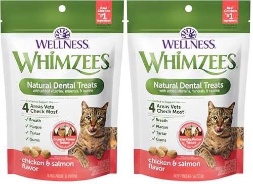 Image of Whimzees Wellness Cat Dental Treats, Freshens Breath, Chicken and Salmon Flavor, 4.5 oz Bag (Pack of 2)