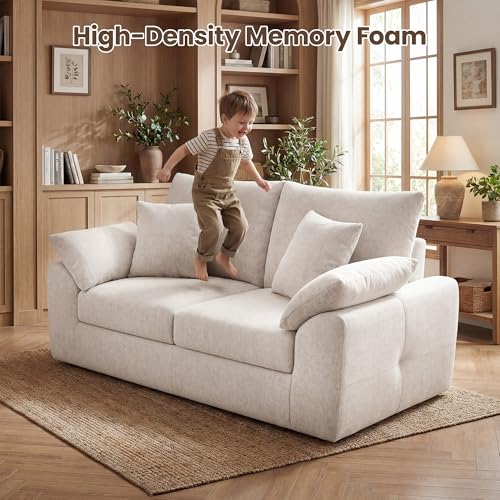 Image of 75.6 inch Boneless Loveseat Sofa, Polyester Fabric 2-Seater Couch with 4 Pillows, No Assembly Required, Soft High Density Foam Cushion, Rectangular Track Arm Sofa for Living Room Bedroom Apartment (Beige)