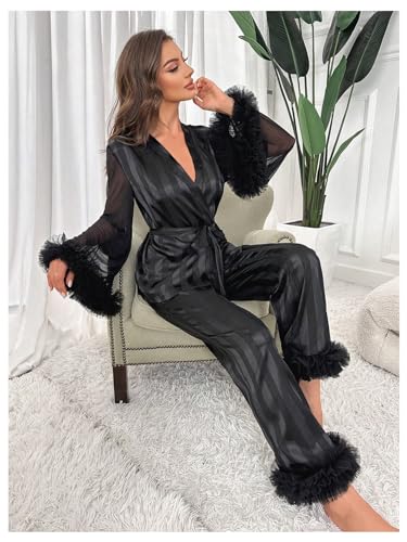 Verdusa Women's 2 Piece Tulle Trim Satin Pajama Set Ruffled Mesh Long Sleeve Belted Top and Pants3