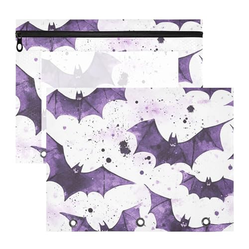 Halloween Purple Bats 3 Rings Binder Pencil Pouch Pencil Case with Zipper 2 Pack Waterproof A4 File Document Bag Office Document Organizer
