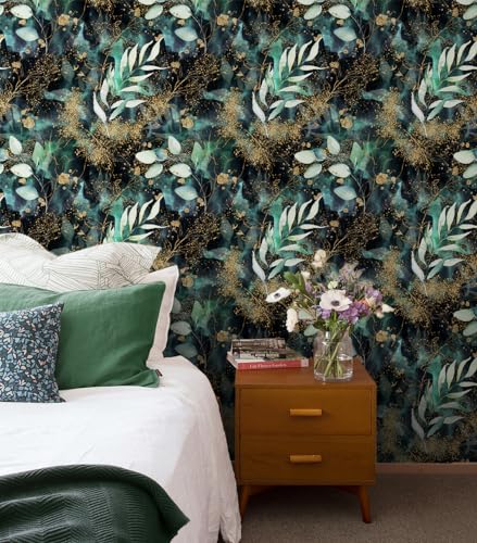 HAOKHOME Peel and Stick Wallpaper Boho Forest Vintage Removable Black/Green/Matte Gold Vinyl Self Adhesive Mural for Bedroom 17.7in x 9.8ft
